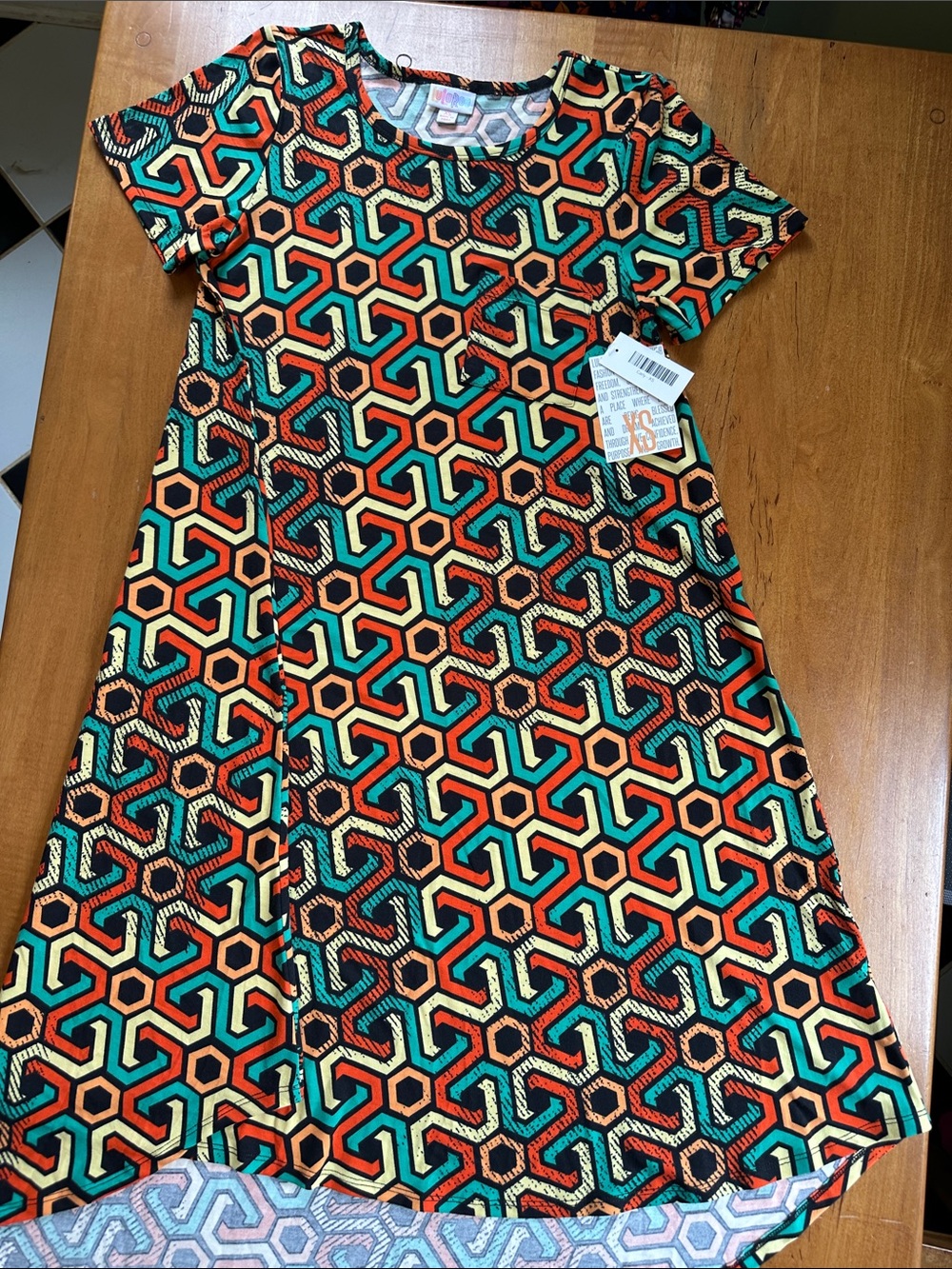 LuLaRoe High Low Dress in Orange, Teal & Black Geometric Print
